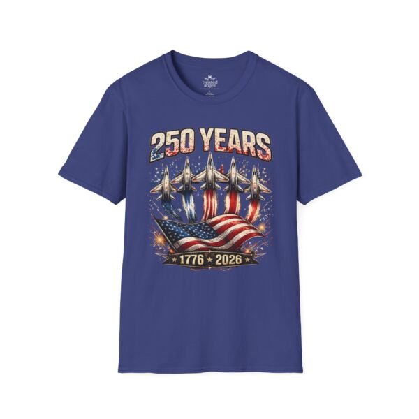 250 Years 1776-2026 Jet Fighter Flag T-Shirt — American Anniversary Patriotic Tee