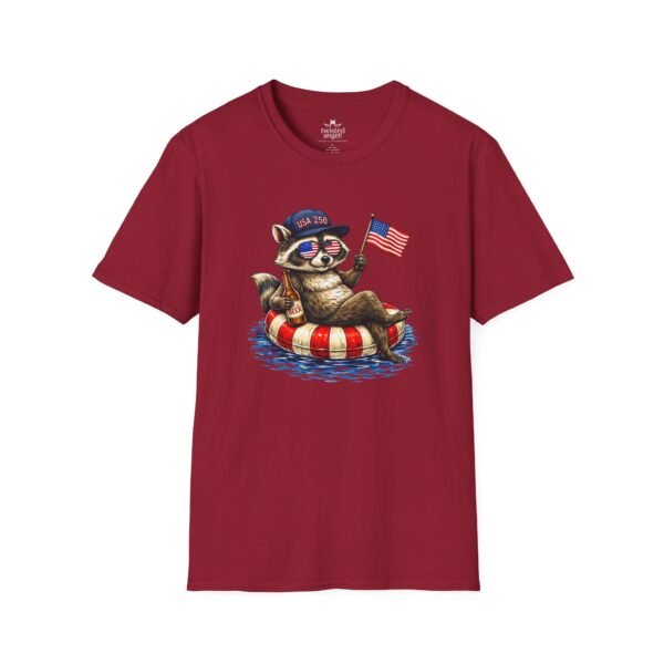 Patriotic Raccoon Pool Float T-Shirt — Cute 4th of July American Flag Tee