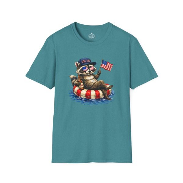 Patriotic Raccoon Pool Float T-Shirt — Cute 4th of July American Flag Tee