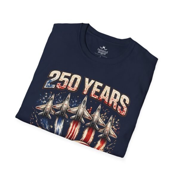 250 Years 1776-2026 Jet Fighter Flag T-Shirt — American Anniversary Patriotic Tee
