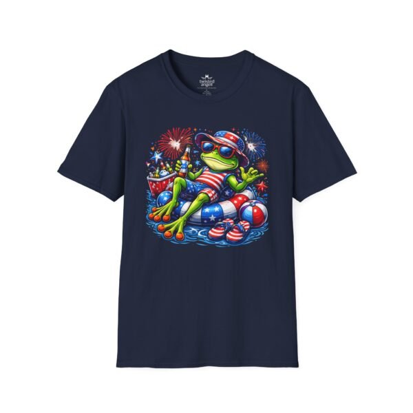 4127848421298752176_2048.jpeg Fourth of July Patriotic Frog with Beer T-Shirt — Relaxing American Flag Pool Float Design