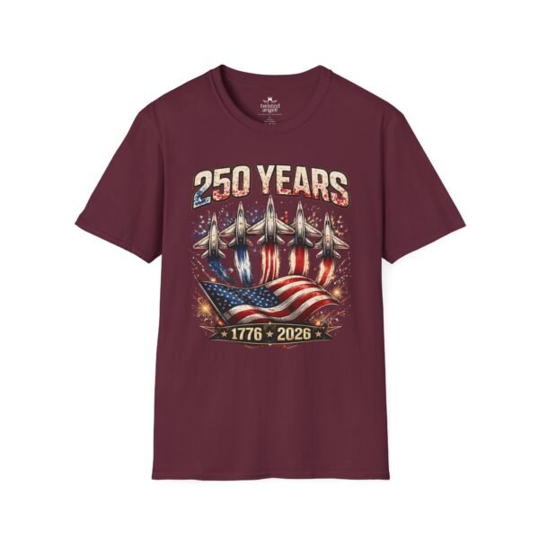 250 Years 1776-2026 Jet Fighter Flag T-Shirt — American Anniversary Patriotic Tee