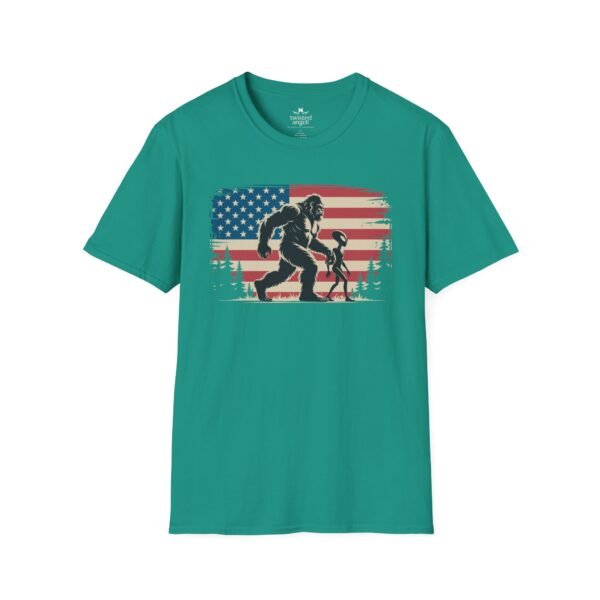 4882767541861018673_2048-1.jpeg Bigfoot ET American Flag T-Shirt — Sasquatch Silhouette Patriotic Tee