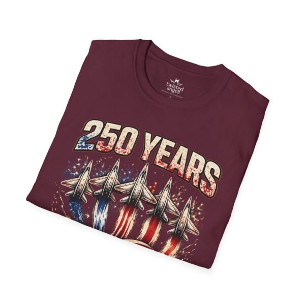250 Years 1776-2026 Jet Fighter Flag T-Shirt — American Anniversary Patriotic Tee