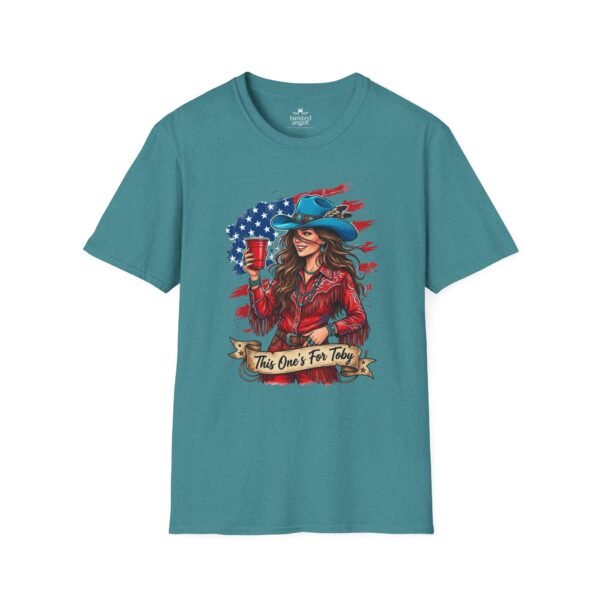 5369180148425464508_2048.jpeg Cowgirl Flag T-Shirt — "This One's For Toby" Patriotic Rodeo Tee
