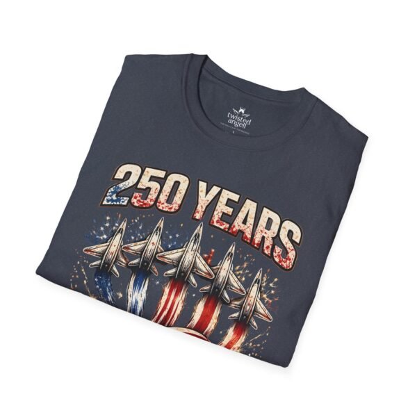250 Years 1776-2026 Jet Fighter Flag T-Shirt — American Anniversary Patriotic Tee