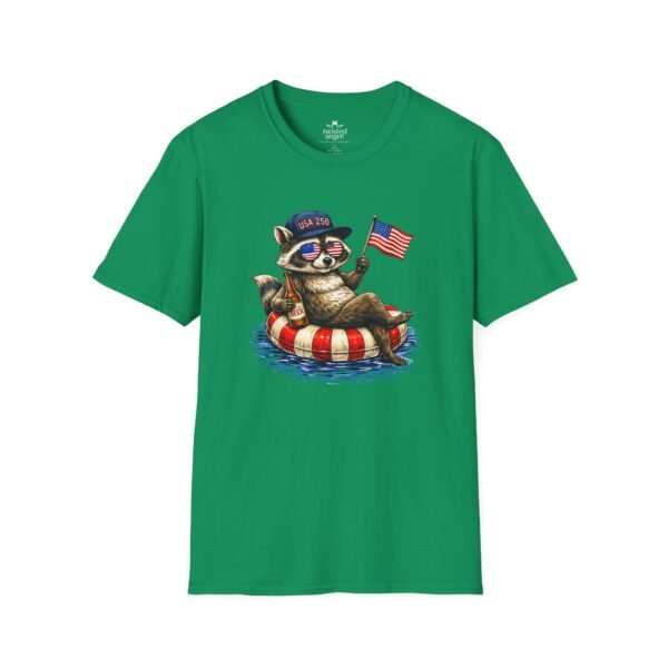 Patriotic Raccoon Pool Float T-Shirt — Cute 4th of July American Flag Tee