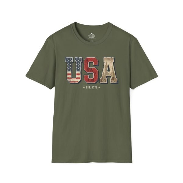 6047112343775785299_2048.jpeg USA Patriotic T-Shirt — Vintage Flag "EST. 1776" Graphic