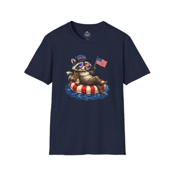 Patriotic Raccoon Pool Float T-Shirt — Cute 4th of July American Flag Tee
