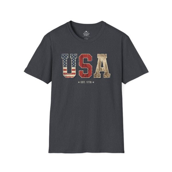 7036356397946575081_2048.jpeg USA Patriotic T-Shirt — Vintage Flag "EST. 1776" Graphic