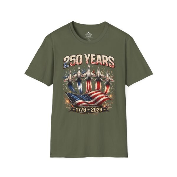 250 Years 1776-2026 Jet Fighter Flag T-Shirt — American Anniversary Patriotic Tee