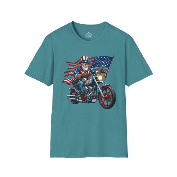 7354745901332589975_2048.jpeg Uncle Sam Riding Motorcycle - Patriotic Flag T-shirt