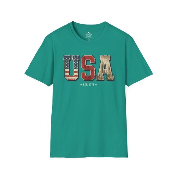 7386845349409905980_2048.jpeg USA Patriotic T-Shirt — Vintage Flag "EST. 1776" Graphic