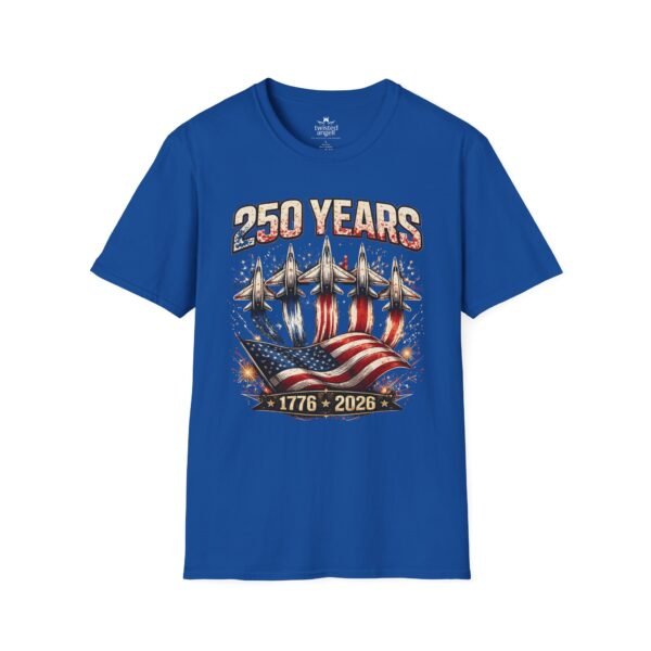 250 Years 1776-2026 Jet Fighter Flag T-Shirt — American Anniversary Patriotic Tee