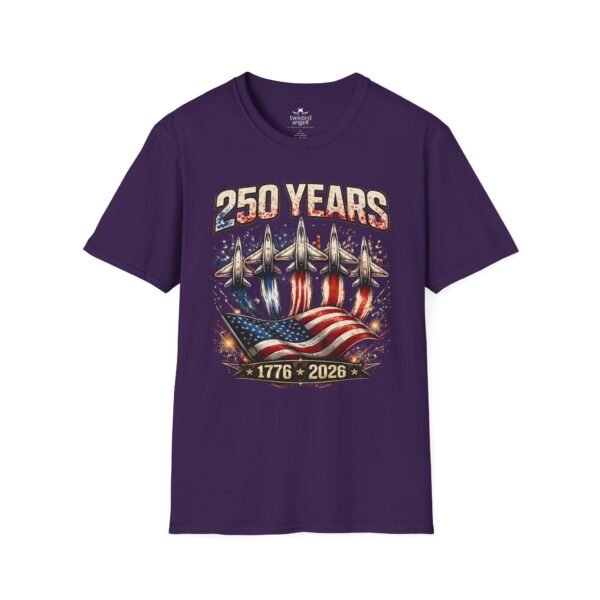 250 Years 1776-2026 Jet Fighter Flag T-Shirt — American Anniversary Patriotic Tee