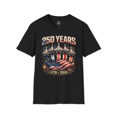 250 Years 1776-2026 Jet Fighter Flag T-Shirt — American Anniversary Patriotic Tee