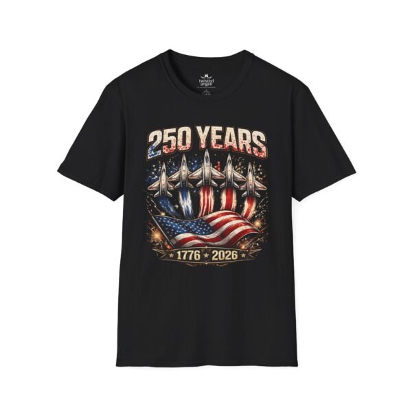 250 Years 1776-2026 Jet Fighter Flag T-Shirt — American Anniversary Patriotic Tee