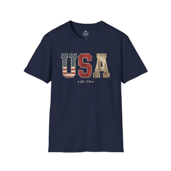8476177338785869672_2048.jpeg USA Patriotic T-Shirt — Vintage Flag "EST. 1776" Graphic
