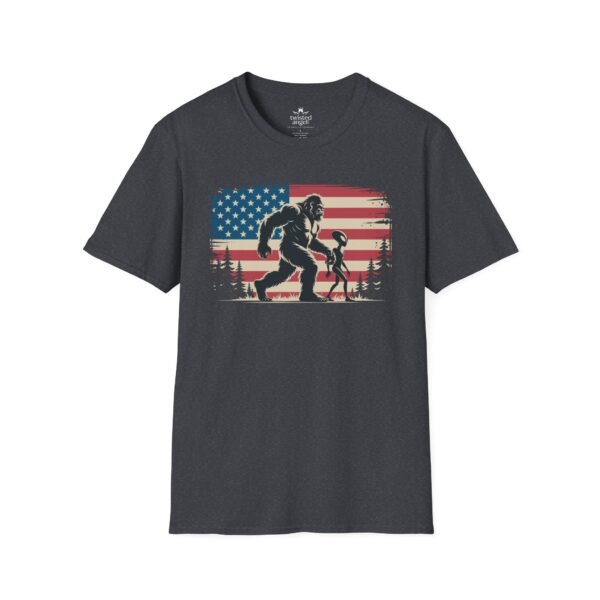 8969435745389873003_2048-1.jpeg Bigfoot ET American Flag T-Shirt — Sasquatch Silhouette Patriotic Tee