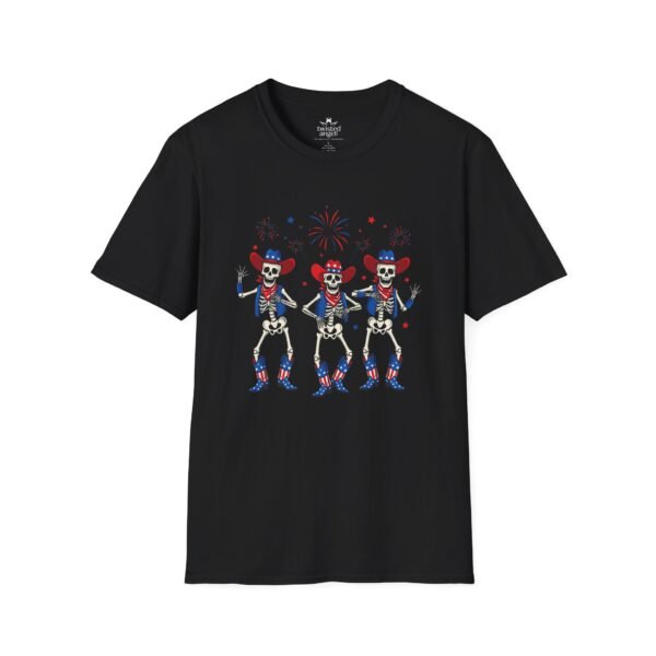 9136926032061192763_2048.jpeg Skeleton Trio Fireworks T-Shirt — Patriotic Cowboy Dance Tee
