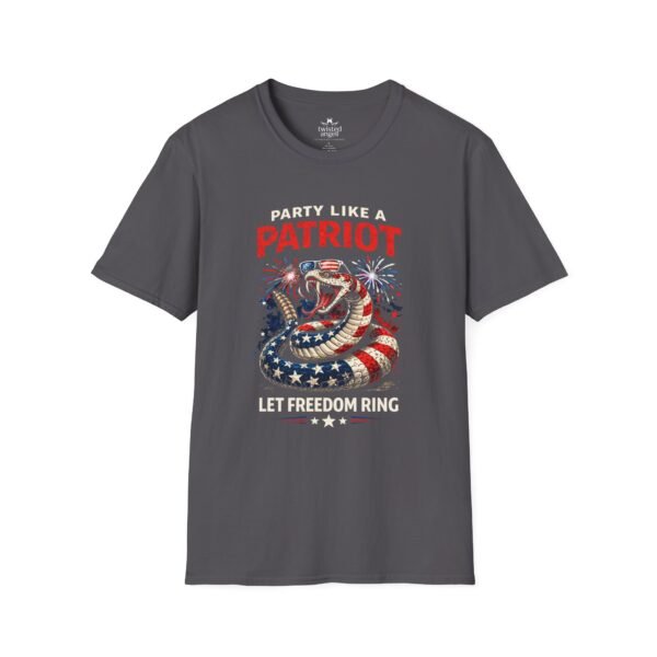 Patriotic Snake T-Shirt – "Party Like a Patriot, Let Freedom Ring" 4th of July Tee
