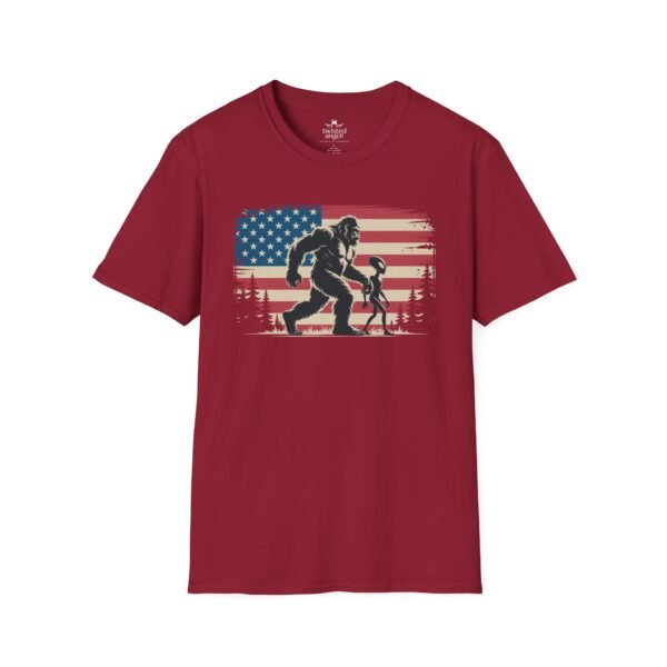 9575188527715325321_2048-1.jpeg Bigfoot ET American Flag T-Shirt — Sasquatch Silhouette Patriotic Tee